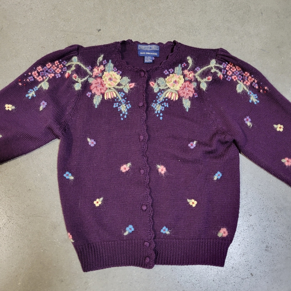 Herman Geist Button Down Cardigan Hand Embroidered Wool Sweater Plum Size M